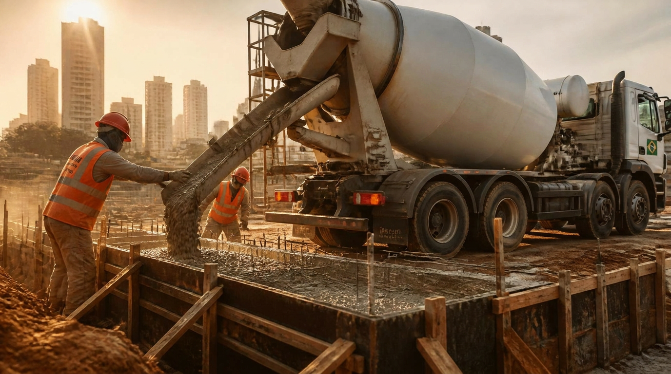 Caminhão betoneira descarregando concreto usinado em obra no Brasil